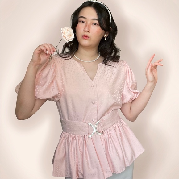 Vintage pink puffed sleeve rhinestone belted silk - Picture 1 of 4